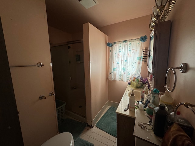 full bath with visible vents, a shower stall, vanity, and tile patterned floors