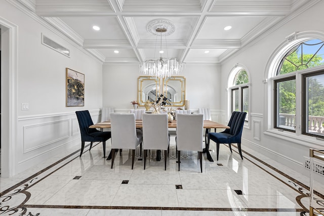 17965 Beck Rd, Northville, MI 48168 - dining space featuring coffered ceiling, recessed lighting, baseboards, marble finish floor, and a decorative wall