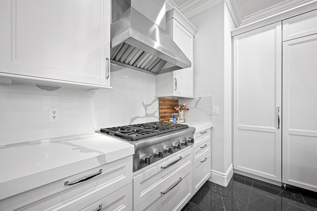 17965 Beck Rd, Northville, MI 48168 - kitchen with stainless steel gas stovetop, white cabinets, crown molding, wall chimney exhaust hood, and backsplash