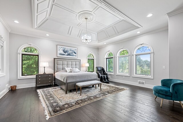 17965 Beck Rd, Northville, MI 48168 - bedroom with baseboards, a chandelier, crown molding, and dark wood finished floors