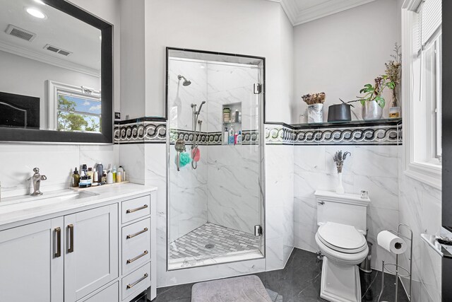 17965 Beck Rd, Northville, MI 48168 - full bath featuring visible vents, ornamental molding, and a marble finish shower