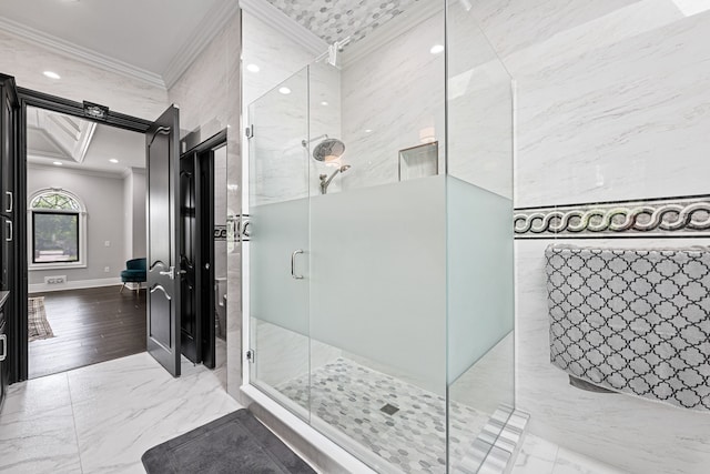 17965 Beck Rd, Northville, MI 48168 - bathroom with recessed lighting, ornamental molding, baseboards, a shower stall, and marble finish floor