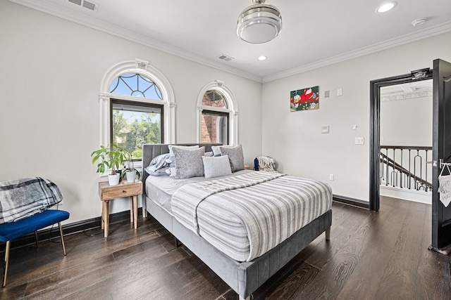 17965 Beck Rd, Northville, MI 48168 - bedroom with baseboards, dark wood-style flooring, ornamental molding, and recessed lighting