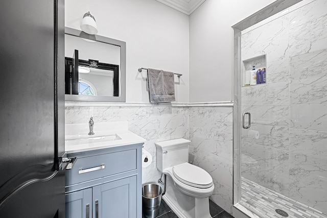 17965 Beck Rd, Northville, MI 48168 - bathroom with tile walls, a shower stall, ornamental molding, toilet, and vanity