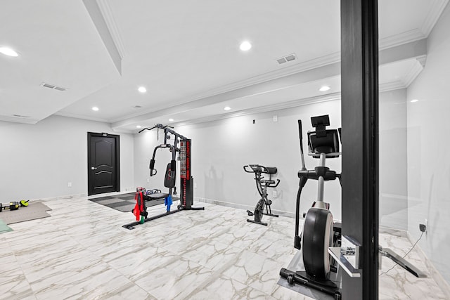 17965 Beck Rd, Northville, MI 48168 - workout room featuring marble finish floor, visible vents, recessed lighting, and crown molding