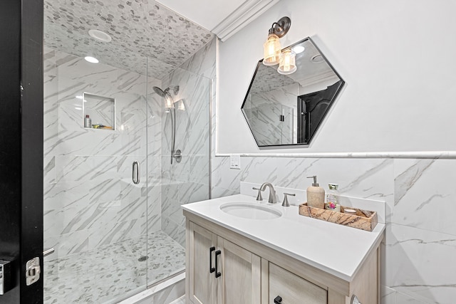 17965 Beck Rd, Northville, MI 48168 - bathroom with tile walls, vanity, and a marble finish shower