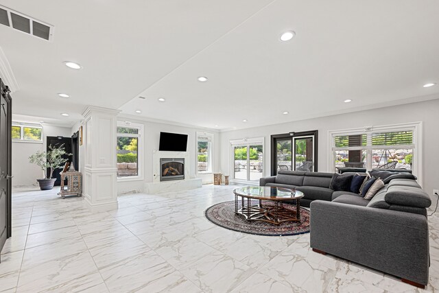 17965 Beck Rd, Northville, MI 48168 - living room featuring decorative columns, visible vents, recessed lighting, and ornamental molding