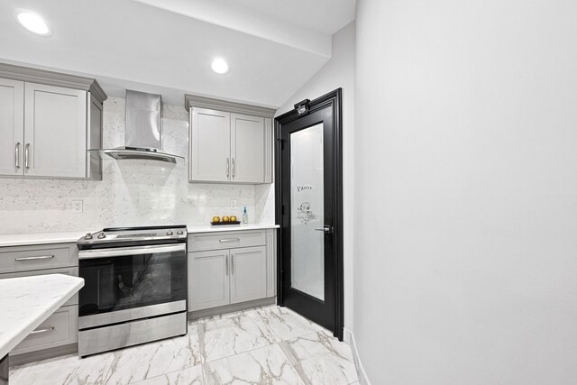 17965 Beck Rd, Northville, MI 48168 - kitchen featuring gray cabinets, backsplash, stainless steel range with electric cooktop, wall chimney range hood, and recessed lighting