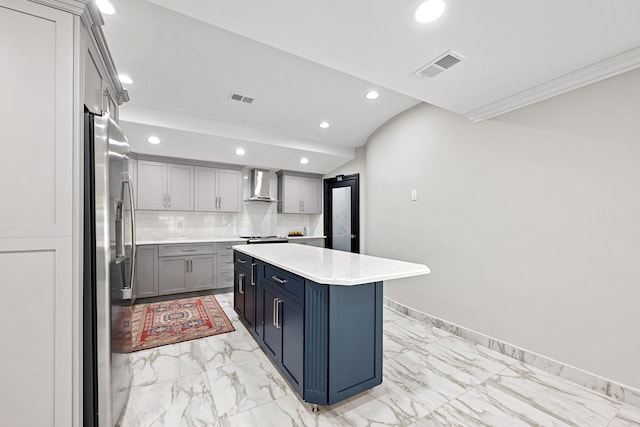 17965 Beck Rd, Northville, MI 48168 - kitchen with wall chimney range hood, marble finish floor, stainless steel fridge with ice dispenser, and visible vents