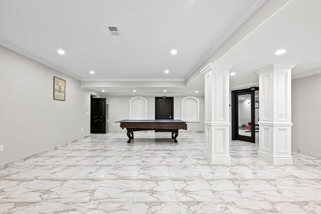 17965 Beck Rd, Northville, MI 48168 - recreation room featuring pool table, recessed lighting, visible vents, ornamental molding, and ornate columns