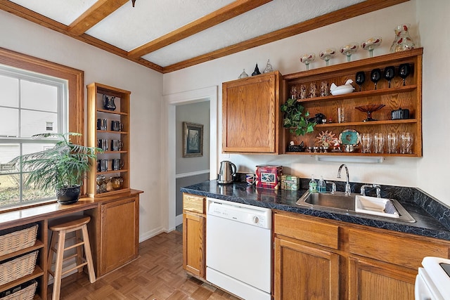 bar featuring baseboards, stove, beamed ceiling, white dishwasher, and a sink