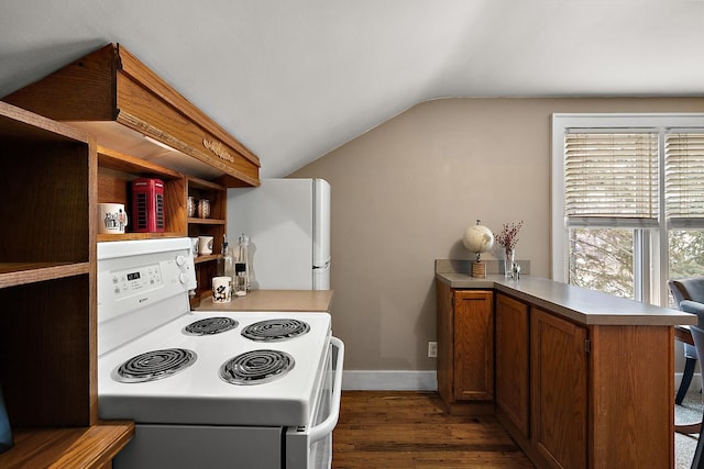 kitchen with white appliances, brown cabinetry, lofted ceiling, dark wood-style flooring, and open shelves