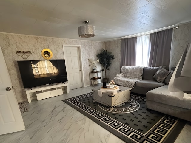 living room with marble finish floor and wallpapered walls