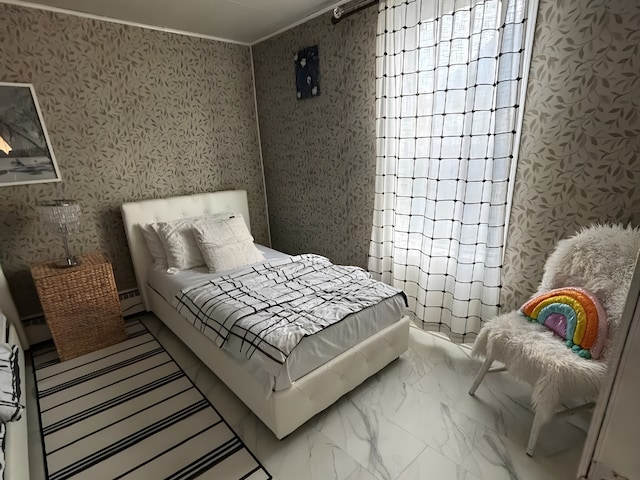 bedroom featuring marble finish floor and wallpapered walls