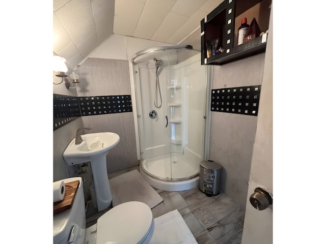 full bathroom featuring a shower stall and toilet