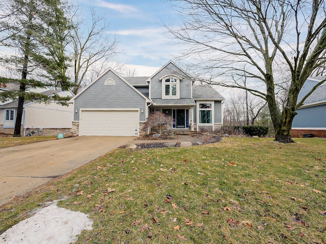 view of front of property with a front lawn, stone siding, concrete driveway, a shingled roof, and a garage