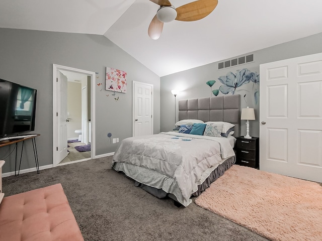 bedroom with baseboards, visible vents, ceiling fan, vaulted ceiling, and carpet flooring