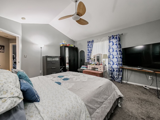 carpeted bedroom with lofted ceiling, baseboards, and ceiling fan