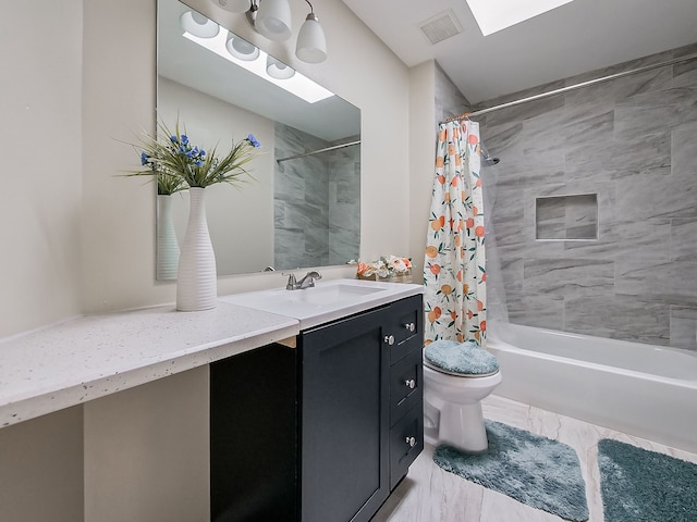 full bathroom with visible vents, toilet, vanity, and shower / bath combination with curtain