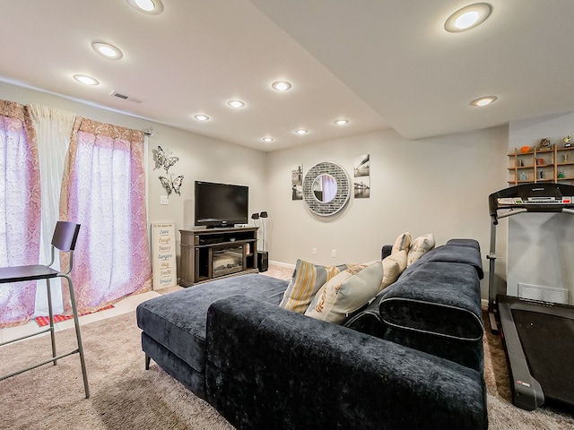 living room with carpet flooring, recessed lighting, and visible vents