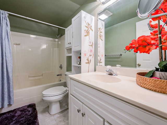 full bathroom with vanity, visible vents, tile patterned floors, toilet, and shower / tub combo with curtain