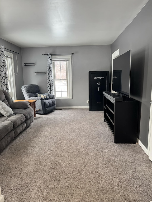 living area with carpet flooring and baseboards