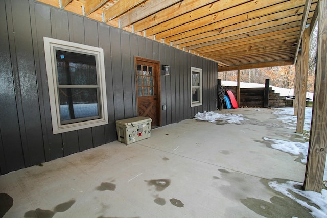 view of snow covered patio