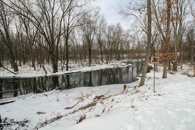 snowy yard featuring a garage and a water view