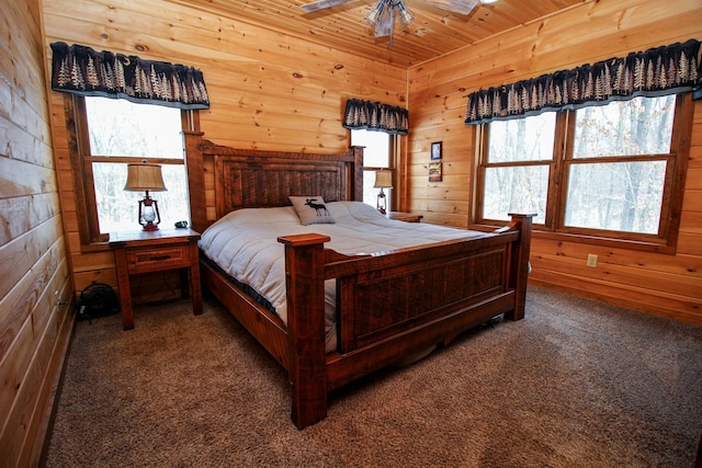 bedroom featuring carpet floors, wood ceiling, and wooden walls