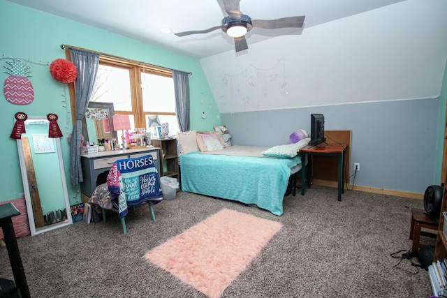 carpeted bedroom featuring lofted ceiling, ceiling fan, and baseboards