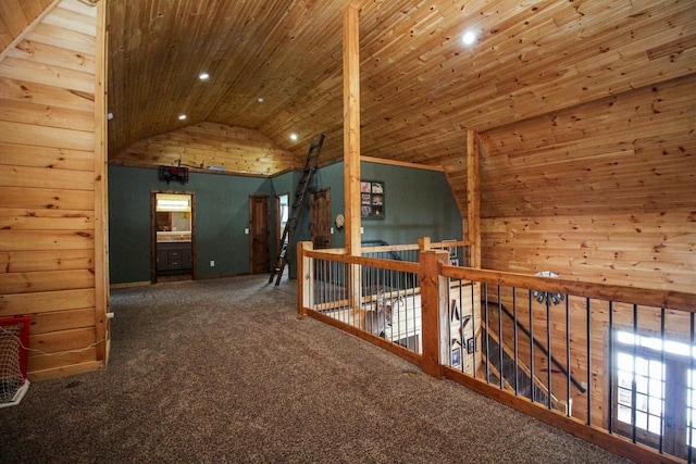 bonus room with wooden ceiling, wooden walls, recessed lighting, carpet flooring, and vaulted ceiling