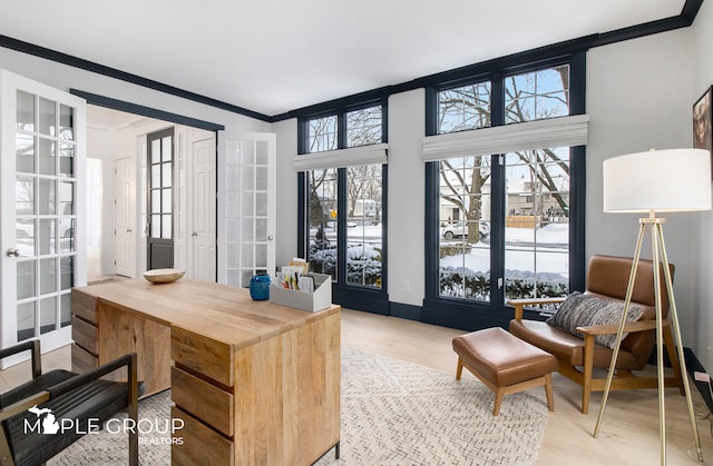 office featuring ornamental molding, light wood-style flooring, and baseboards