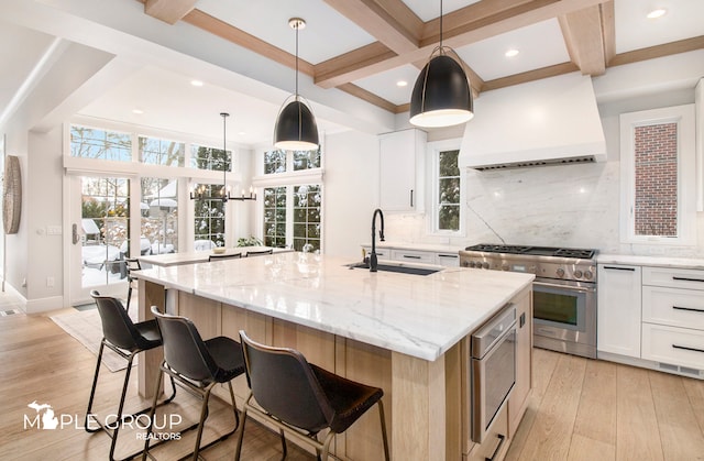 kitchen featuring stainless steel appliances, a sink, light wood-style flooring, and custom exhaust hood