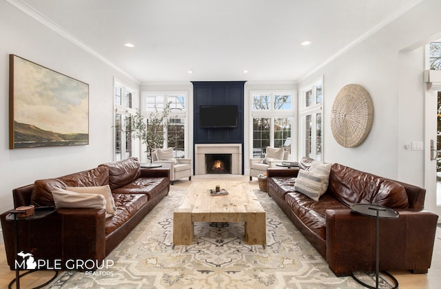 living area featuring a healthy amount of sunlight, a large fireplace, ornamental molding, and recessed lighting