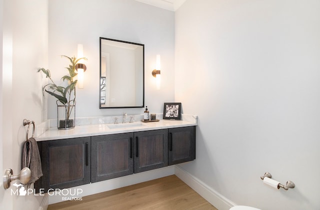 bathroom featuring baseboards, wood finished floors, and vanity