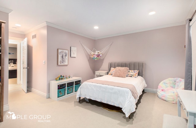 carpeted bedroom featuring recessed lighting, visible vents, crown molding, and baseboards