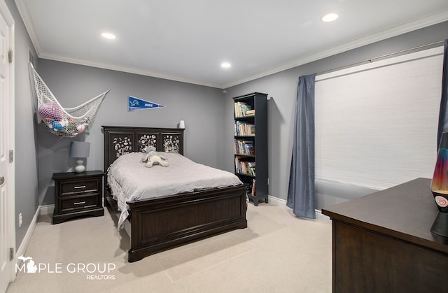 bedroom featuring recessed lighting, light colored carpet, and crown molding