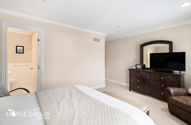 bedroom with light carpet, baseboards, visible vents, and ornamental molding