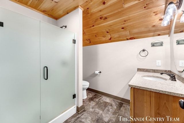 full bathroom with wooden ceiling, toilet, a shower stall, and vanity