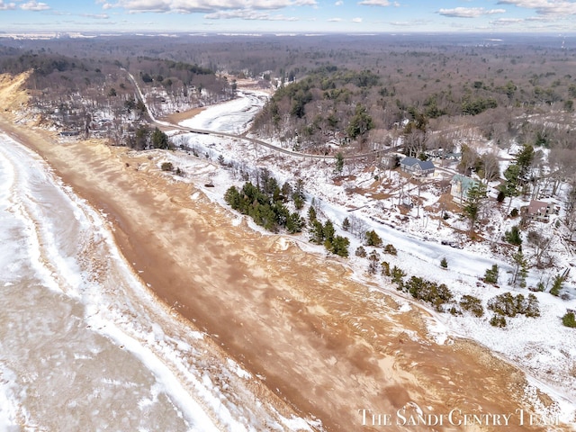 snowy aerial view with a wooded view