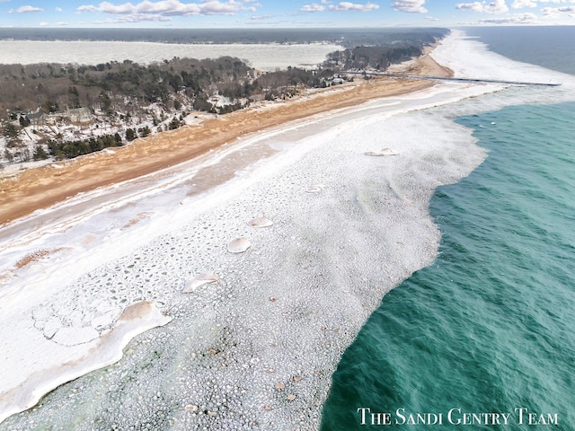 bird's eye view with a water view and a view of the beach