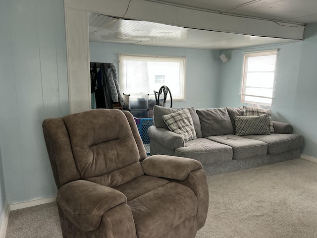 carpeted living area featuring a wealth of natural light and baseboards