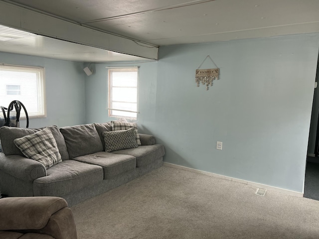 living area with carpet floors and baseboards