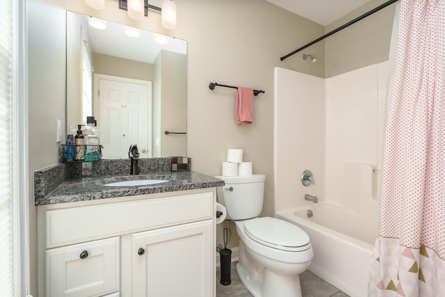 full bath featuring tile patterned flooring, vanity, toilet, and shower / tub combo with curtain