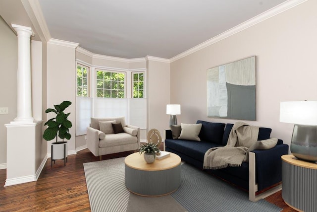 living room with decorative columns, baseboards, dark wood finished floors, and crown molding