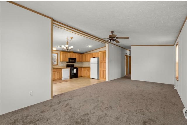 unfurnished living room with light colored carpet, lofted ceiling, ornamental molding, a textured ceiling, and ceiling fan with notable chandelier