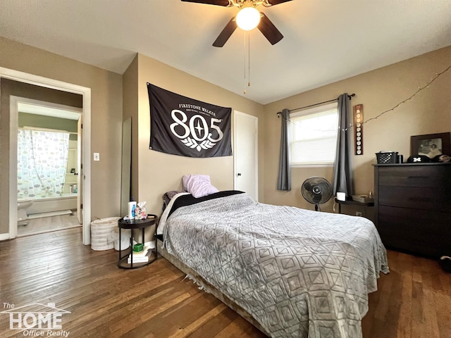 bedroom featuring ceiling fan and wood finished floors