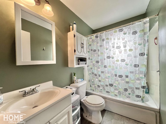 bathroom featuring shower / bathtub combination with curtain, toilet, and vanity