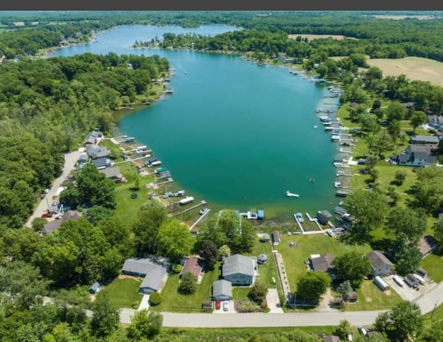 bird's eye view featuring a water view and a wooded view