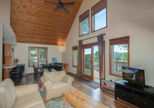 living area with a healthy amount of sunlight, wood ceiling, high vaulted ceiling, and wood finished floors